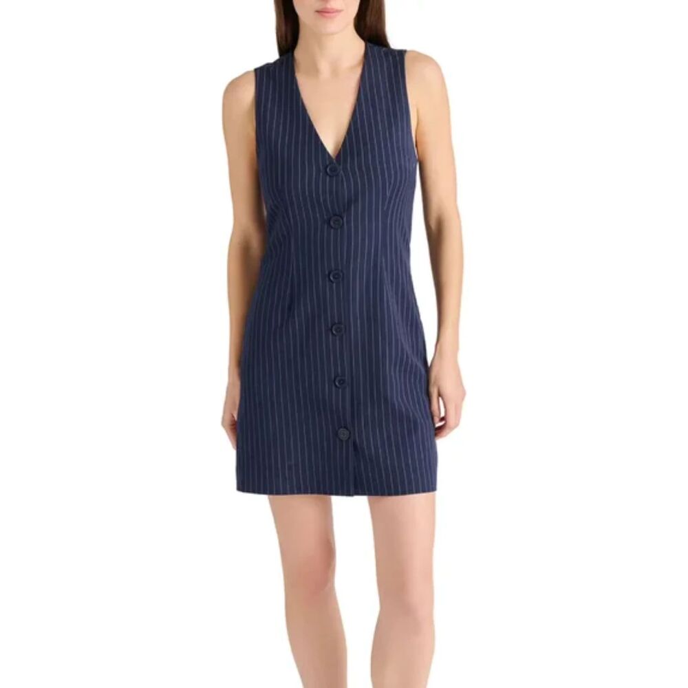 Steve Madden Pinstripe Dress Women Medium Navy Sleeveless Button Front NWT